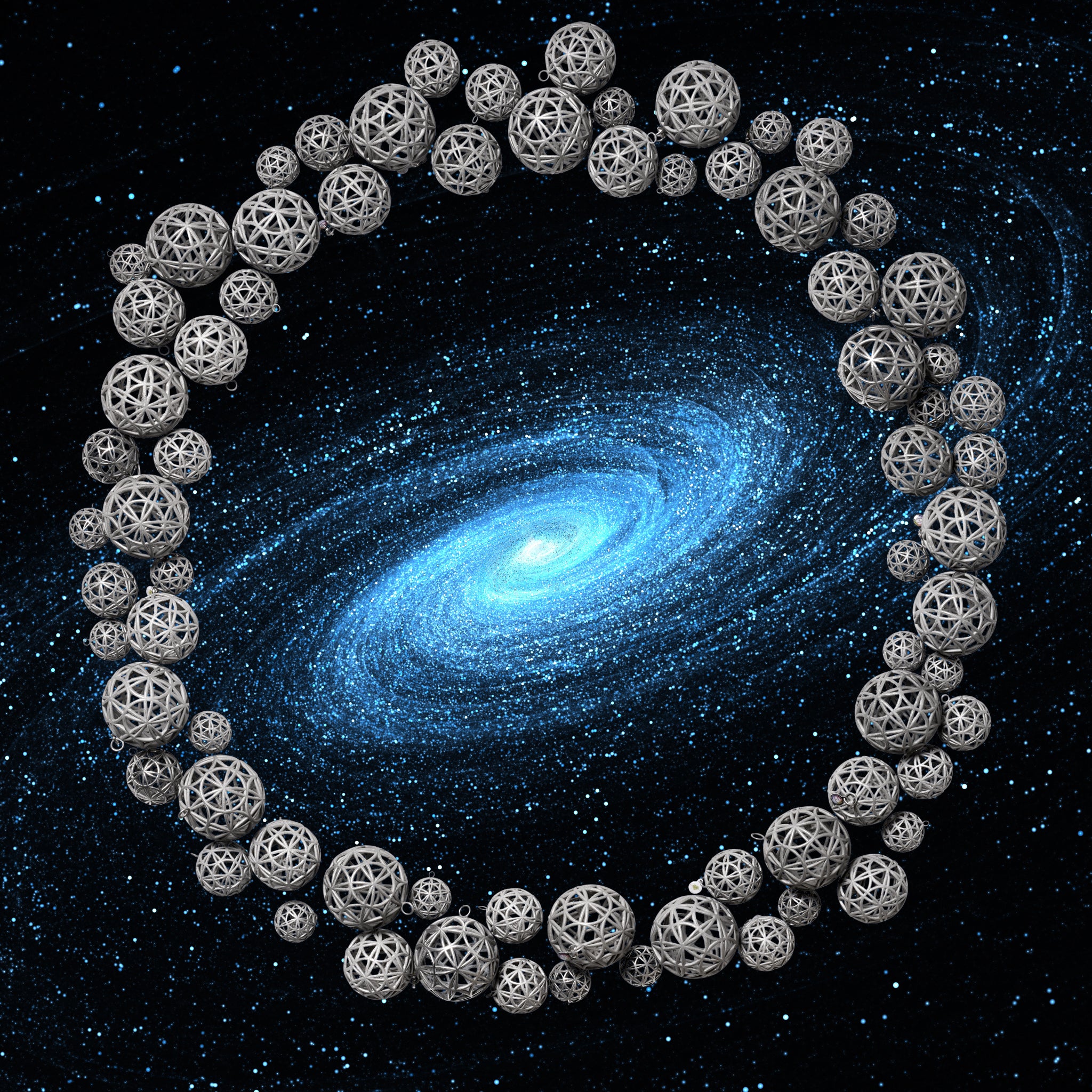 Love Sphere by KatBeLove, sacred geometry stainless steel pendants forming a radiant circle around a luminous spiral galaxy, symbolizing love and connection